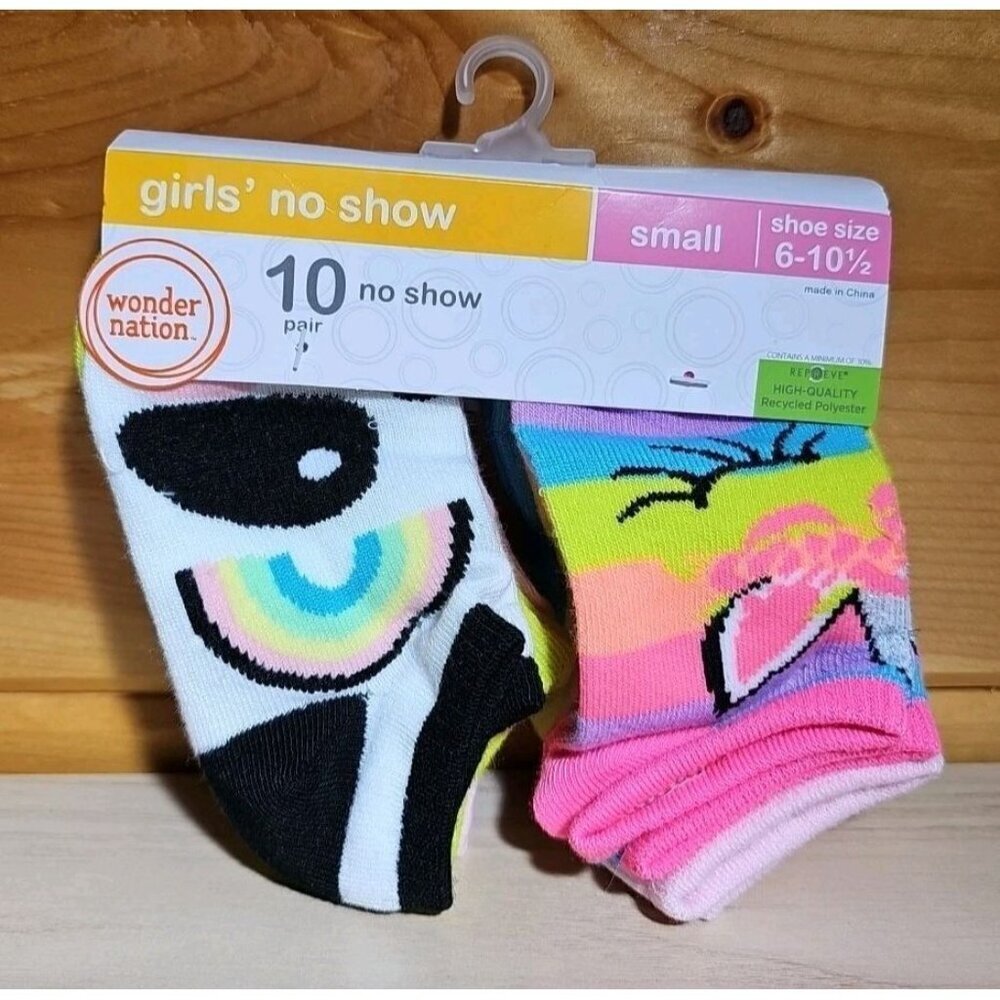 Girls Size Small (6-10.5) Colorful Print No-Show Socks 10 Pairs Wonder Nation